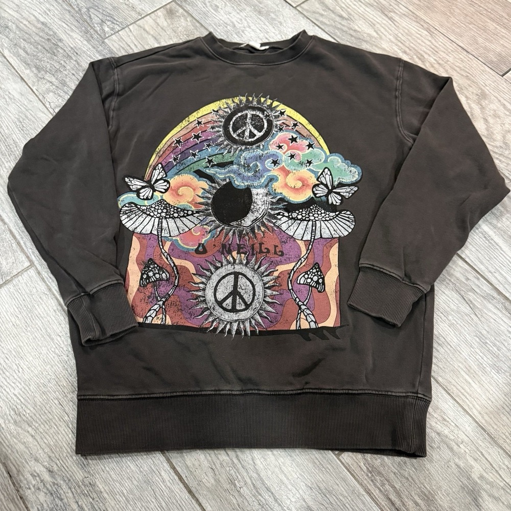 ONeill Gray Vintage Psychedelic Graphic Sweatshirt Peace And Celestial Symbol S